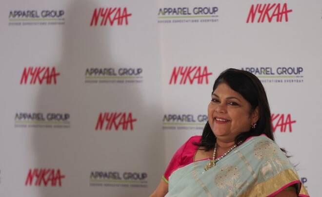 Falguni Nayar, founder and CEO of the beauty and lifestyle retail company Nykaa attends a news conference in Mumbai