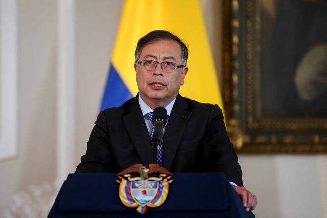 Colombia's President Gustavo Petro attends a meeting to review cooperation on security, trade and climate change issues, at the headquarters of the Colombian Presidency, in Bogota