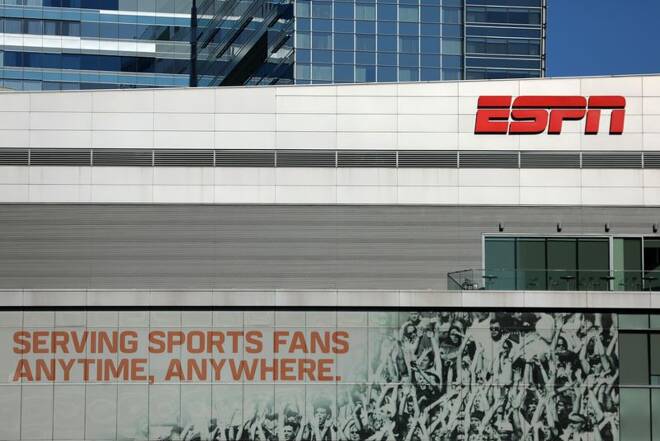 ESPN logo and building are shown in down town Los Angeles, California,