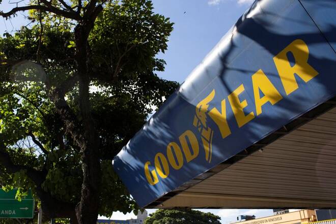 The Goodyear logo is seen at a tire workshop in Caracas