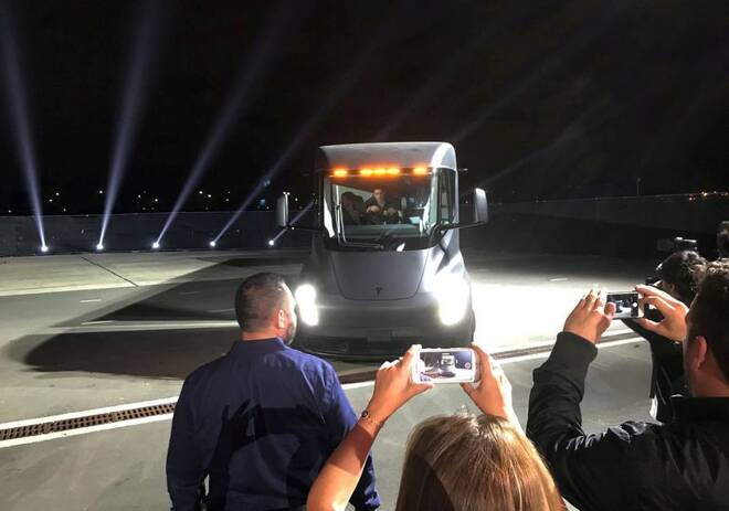 Tesla's new electric semi truck is unveiled during a presentation in Hawthorne