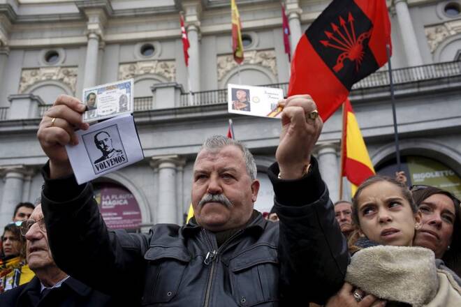 A man participates in a gathering commemorating the 40th anniversary of Franco's death in Madrid