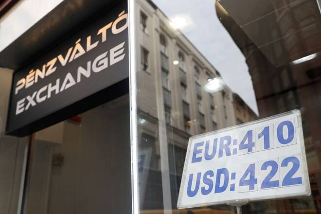 A board at a currency exchange office displays the Euro to Hungarian Forint exchange rate in Budapest