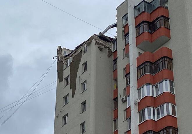 General view of a multi-story residential building damaged by shelling in Belgorod