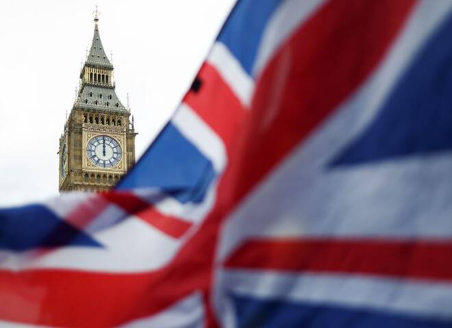 The Union Jack flag is flown outside the Houses of Parliament in London