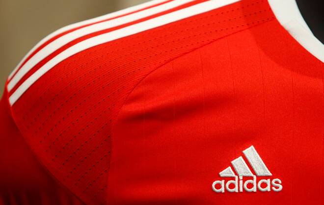 Adidas logo is pictured at shirt before company annual general meeting in Fuerth