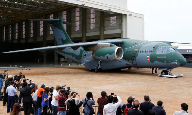 Brazilian aircraft manufacturer Embraer unveils its new cargo KC-390, in Gaviao Peixoto