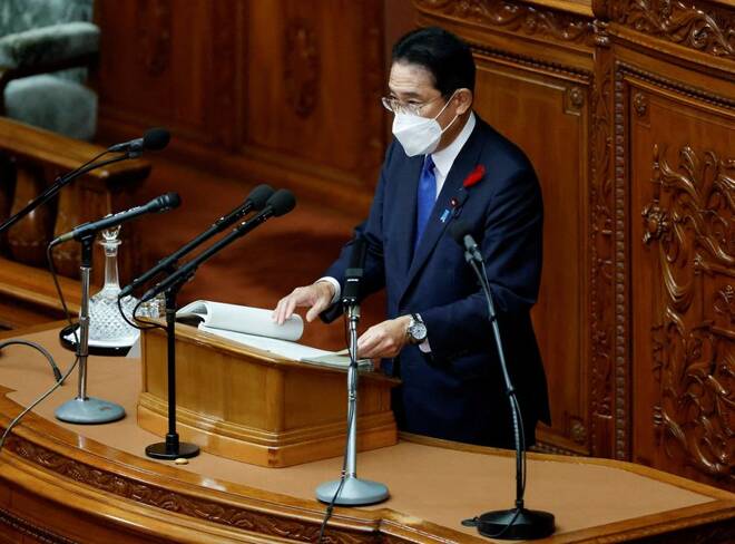 Japan's Prime Minister Fumio Kishida delivers his policy speech during an extraordinary session at the lower house of parliament in Tokyo