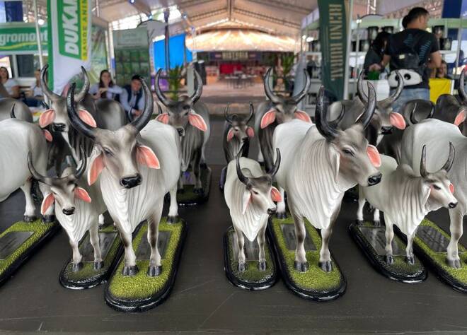 Plastic miniature figures depicting cattle are displayed at Expo Rio Preto livestock fair in Sao Jose do Rio Preto