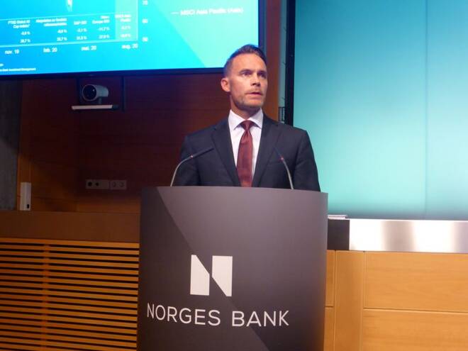 The deputy CEO of the Norwegian sovereign wealth fund Trond Grande speaks at a news conference at the Norwegian central bank in Oslo
