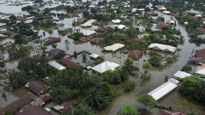 An aerial view of the flooded Obagi community in Ahoada, Rivers state