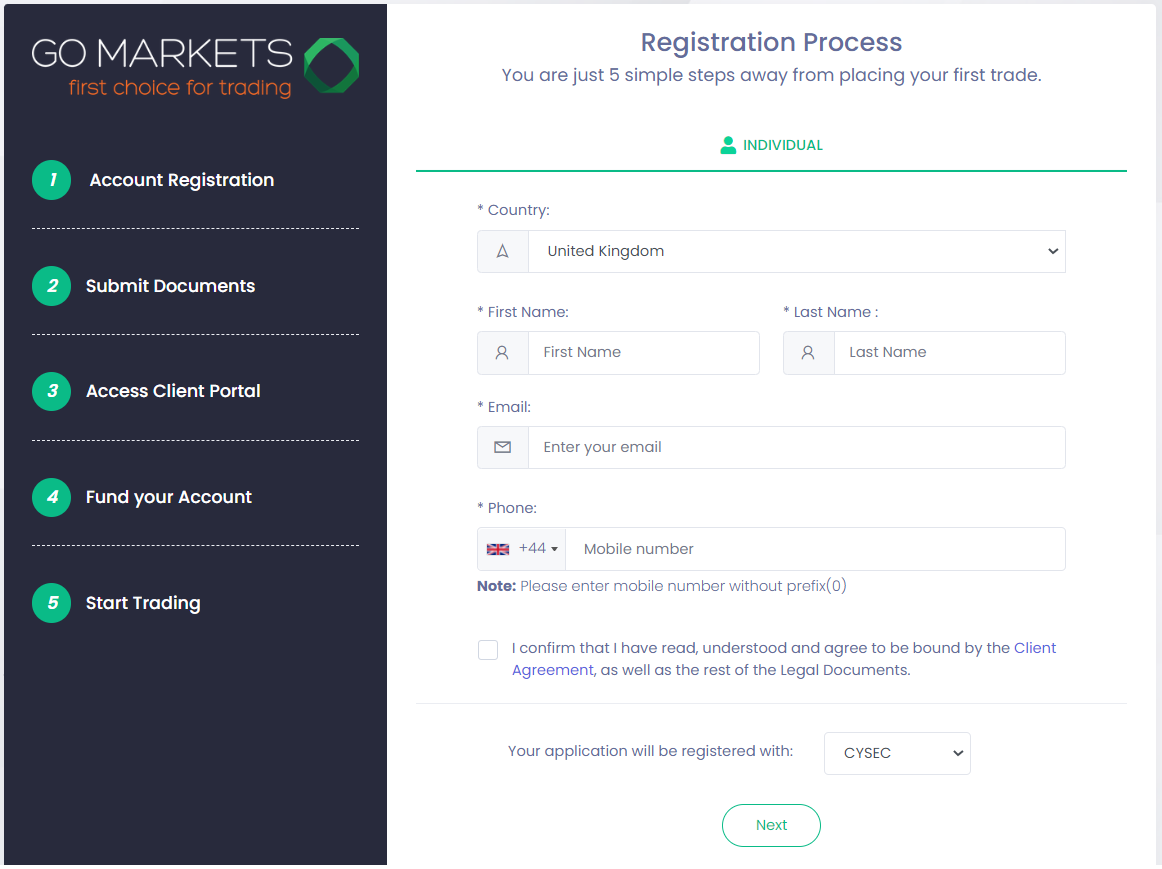 GO Markets’ account registration form