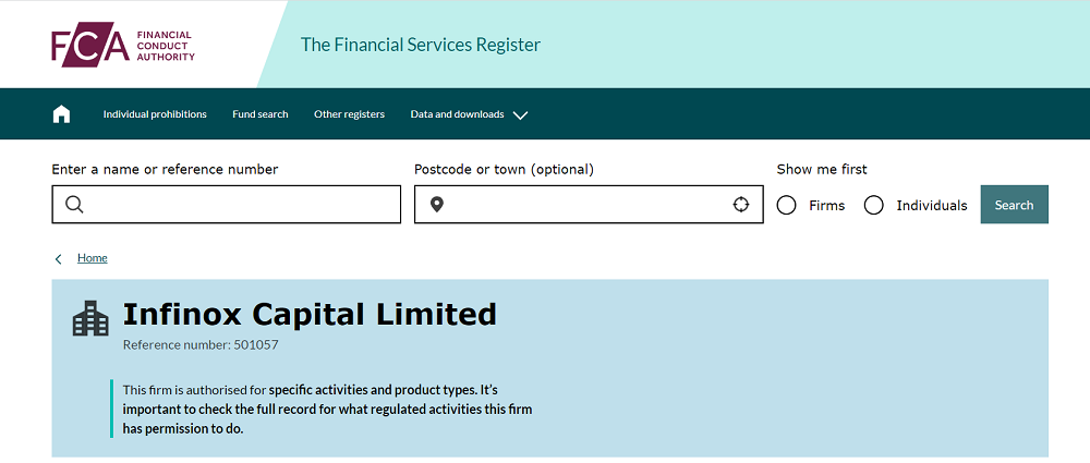 INFINOX Capital Ltd on the register of the UK Financial Conduct Authority (FCA)