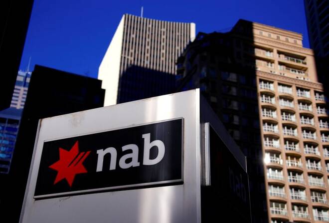 The logo of the National Australia Bank is displayed in central Sydney