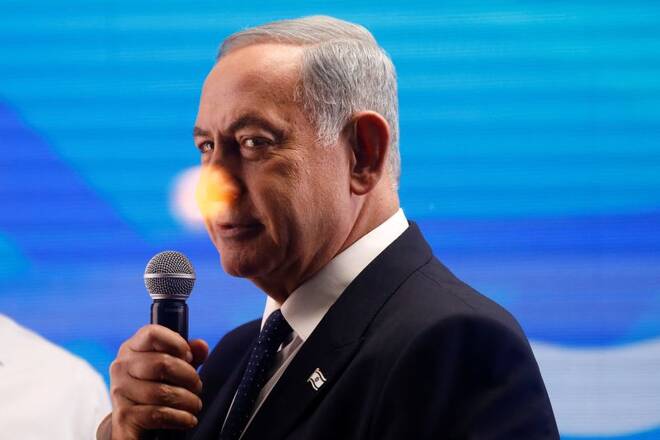 Former Israeli Prime Minister Benjamin Netanyahu holds a local campaign event in the run up to Israel's elections