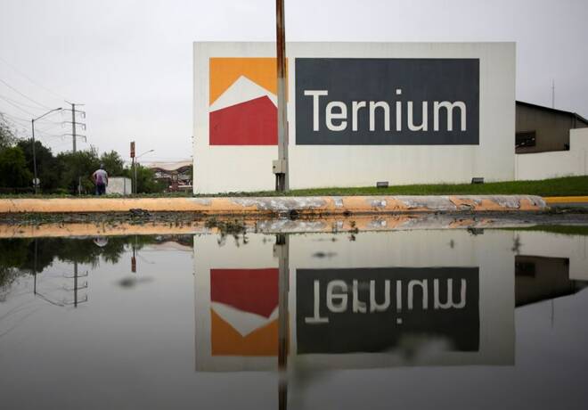 The logo of the steelmaker Ternium, who turned a gym into a centre to receive patients suffering from the coronavirus disease COVID-19, is pictured outside its plant, in Monterrey