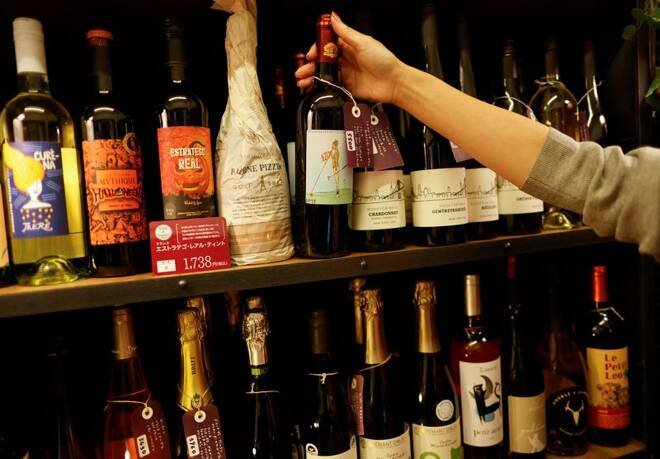 Imported wines from different countries, including the U.S., are displayed at the wine shop 'Wine and Weekend' in Tokyo