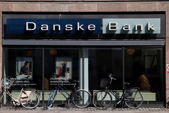 Bicycles parked outside of a Danske Bank branch in Copenhagen