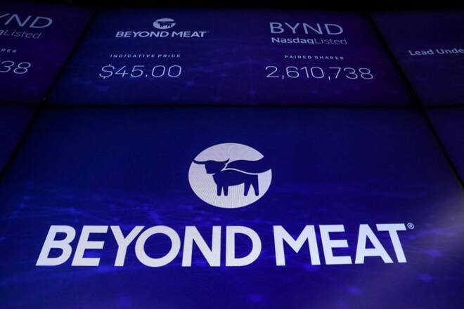 The company logo and trading information for Beyond Meat is displayed on a screen during the IPO at the Nasdaq Market site in New York