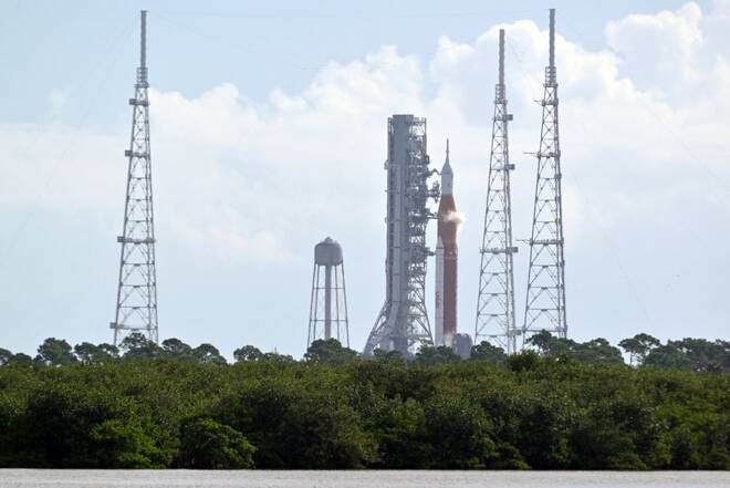 NASA's next-generation moon rocket, the Space Launch System (SLS), with the Orion crew capsule, stands on launch complex 39B during the fueling process shortly before its attempted launch for the Artemis I mission was scrubbed, at Cape Canaveral