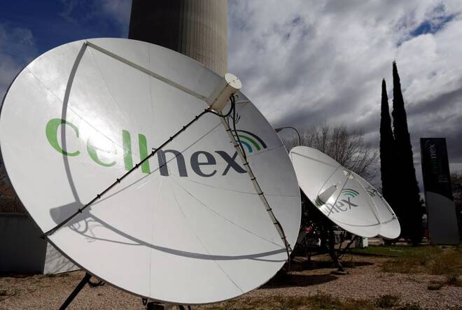 Telecom antennas of SpainÕs telecoms infrastructures firm Cellnex are seen under main telecom tower, known as "Piruli", in Madrid