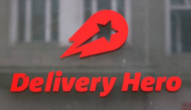 mDelivery Hero's logo is pictured at its headquarters in Berlin