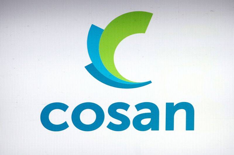 The company logo for Cosan is displayed on a screen on the floor of Brazil's B3 Stock Exchange in Sao Paulo