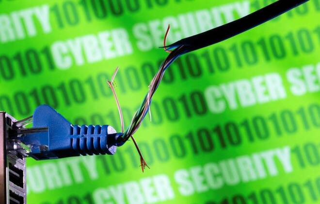 Illustration shows broken Ethernet cable, binary code and words "cyber security"