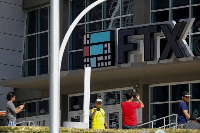 The logo of FTX is seen at the FTX Arena in Miami