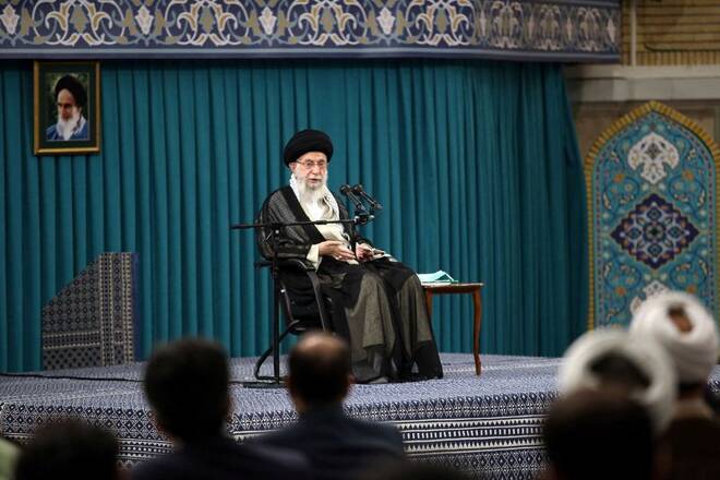 Iran's Supreme Leader Ayatollah Ali Khamenei attends a meeting with academic elites and scientific talents in Tehran