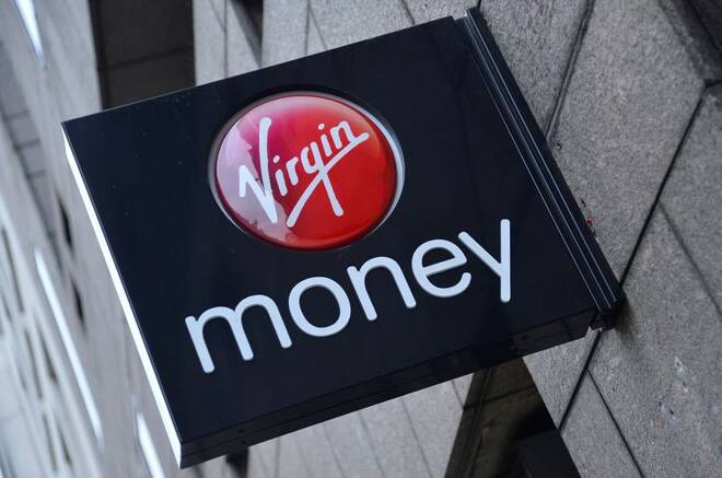 A logo at a branch of Virgin Money bank is seen in London