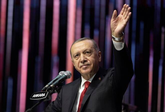 Turkish President Tayyip Erdogan greets the audience at Century of Turkey meeting in Ankara