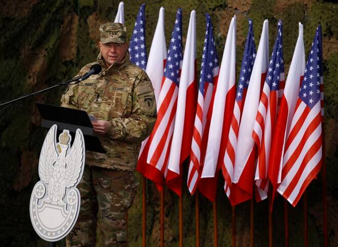 U.S Army Europe Commanding General Hodges speaks during the inauguration ceremony of bilateral military training between U.S. and Polish troops in Zagan