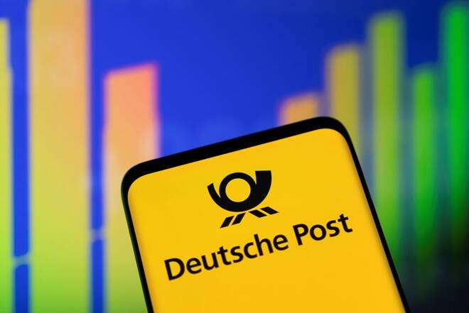 Illustration shows Deutsche Post logo and stock graph
