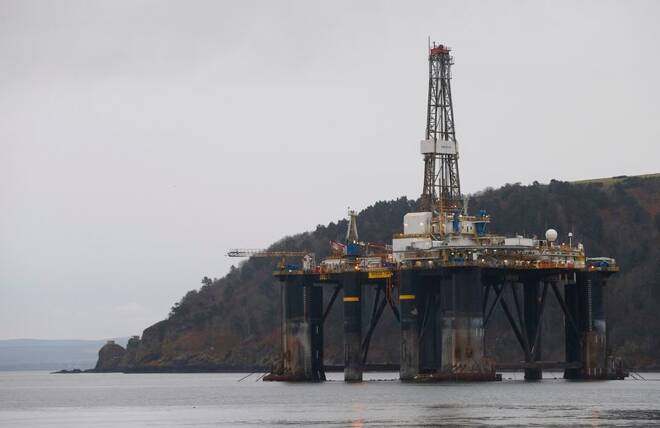 A drilling rig is parked up in the Cromarty Firth near Nigg, Scotland
