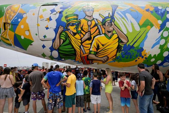 General view of an airplane on display during a 2022 FIFA World Cup event in Belo Horizonte