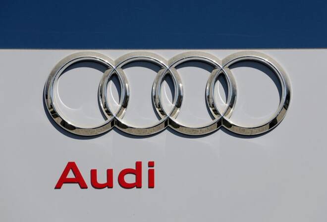 The logo of Audi carmaker is seen at the entrance of a showroom in Nice