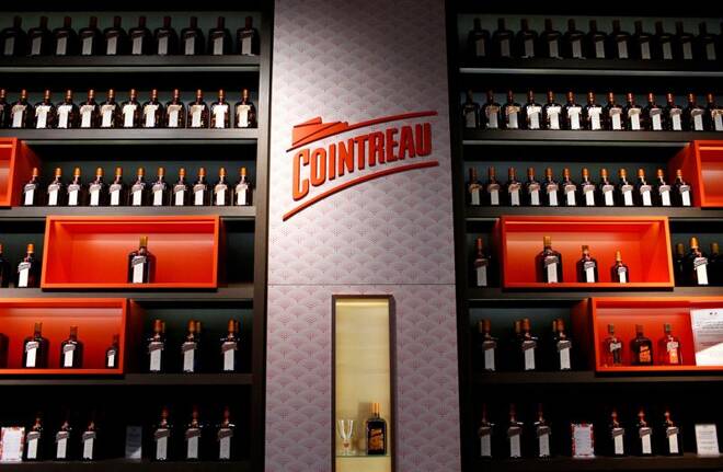 Bottles of Cointreau are displayed in the Carre Cointreau at the Cointreau distillery in Saint-Barthelemy-d'Anjou near Angers