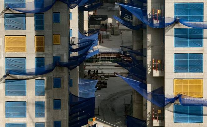 View of a construction site where concrete pouring work is suspended due to a nationwide strike by truckers is pictured in Seoul
