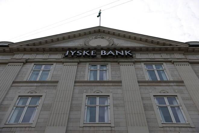 Signage is seen at a Jyske Bank branch in Copenhagen