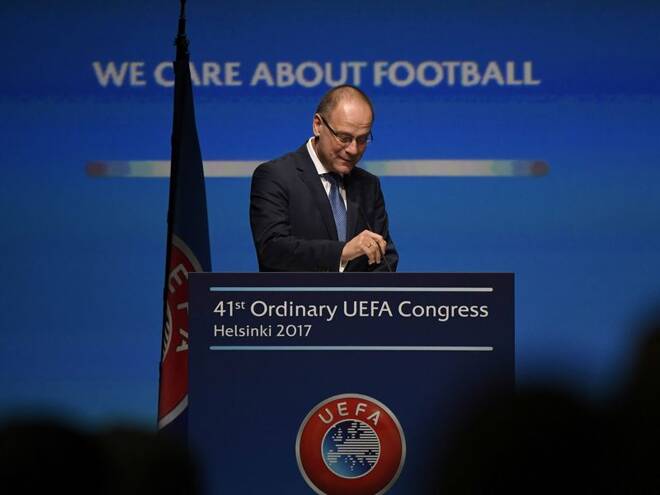 Tibor Navracsics speaks during the 41st Ordinary UEFA Congress at the Fair Centre Messukeskus in Helsinki