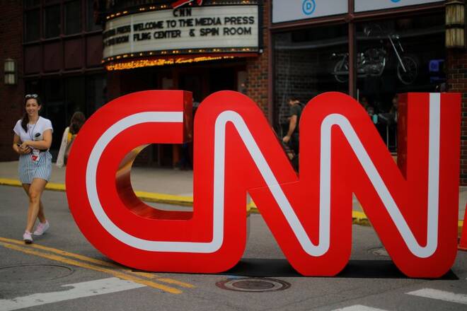 The CNN logo stands outside the venue of the second Democratic 2020 U.S. presidential candidates debate, in the Fox Theater in Detroit