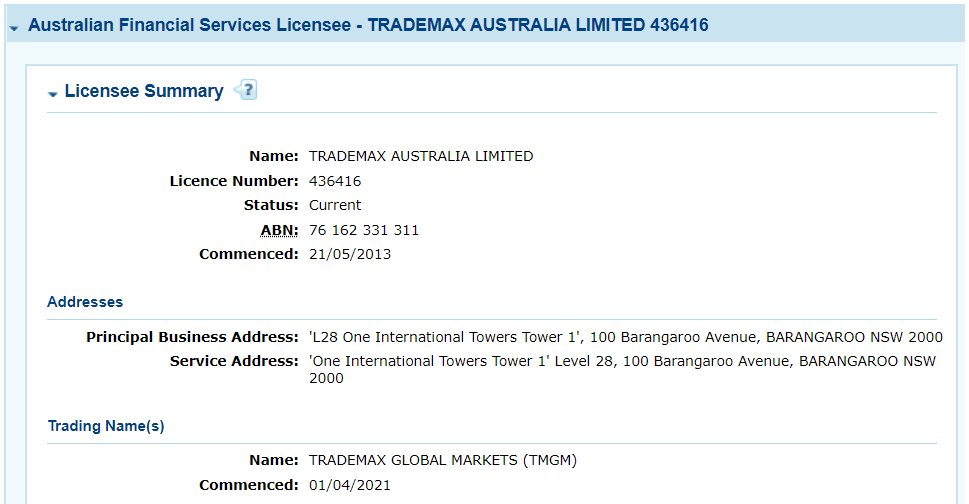Trademax Australia Limited’s licensing information on asic.gov.au