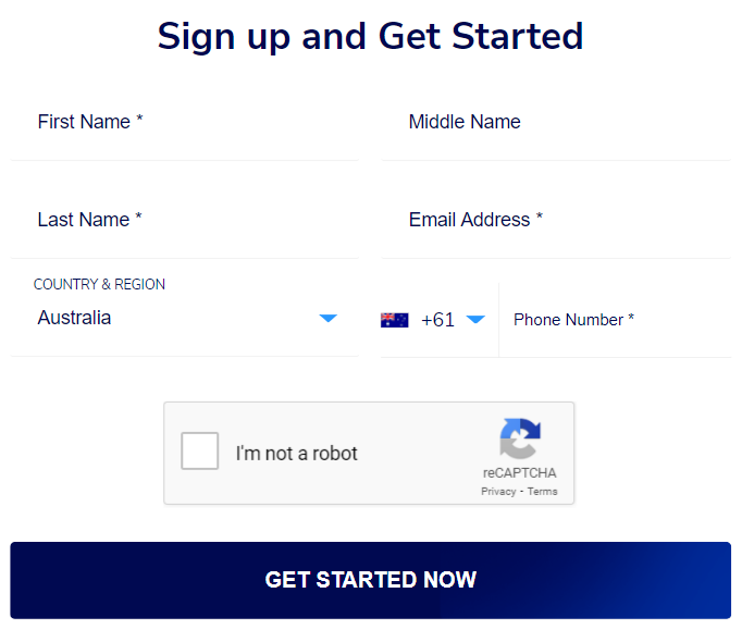 TMGM’s account registration form