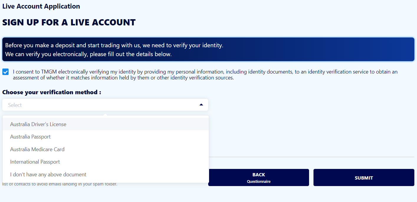 TMGM’s account verification process