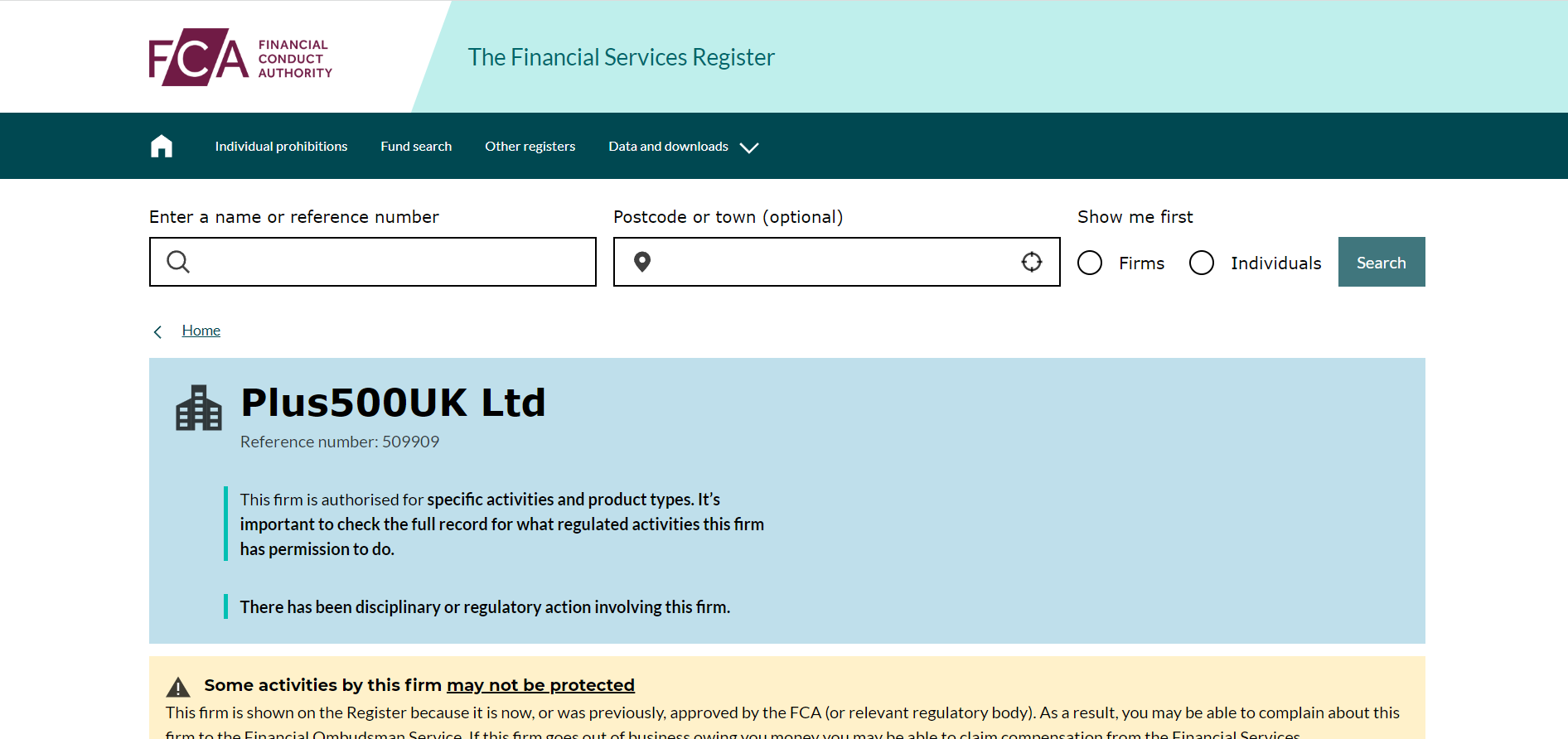 Plus500’s listing on the UK Financial Conduct Authority (FCA) website