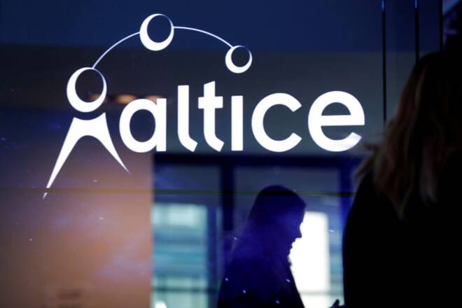 The logo of cable and mobile telecoms company Altice Group is seen during a news conference in Paris