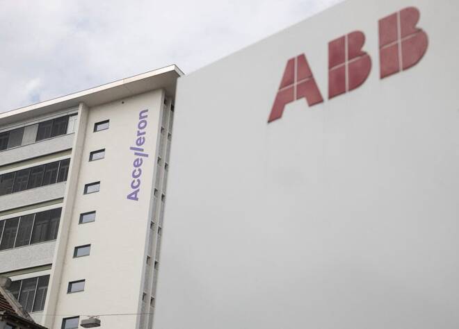 Logos of ABB and of Accelleron are seen in Baden