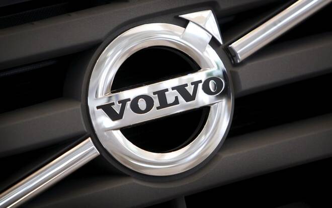 Logo of Volvo on the front grill of a Volvo truck in a customer showroom at the company's headquarters in Gothenburg