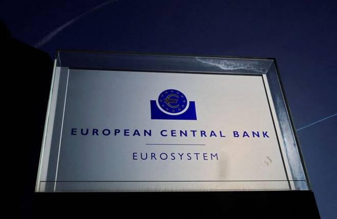 A sign outside the European Central Bank building in Frankfurt, Germany
